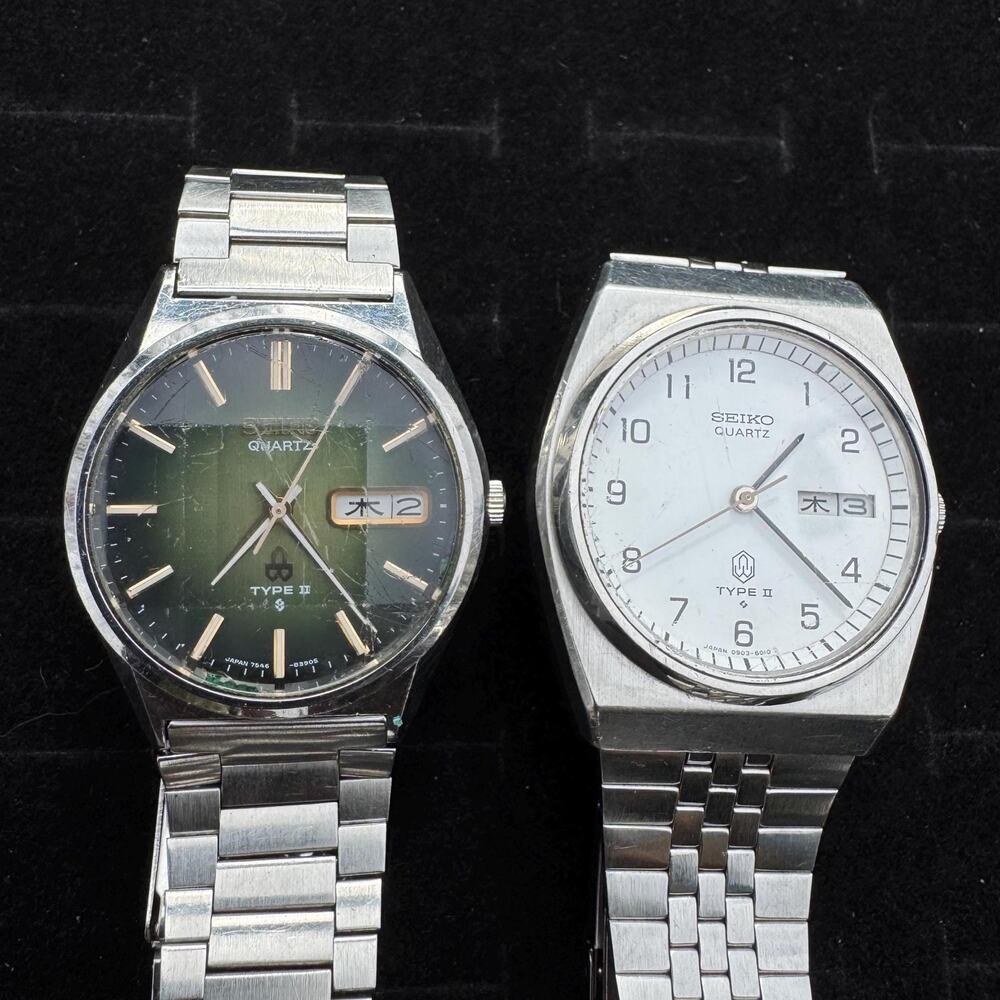 Lot of 2 Seiko type ii Watches 1970s Vintage - Green and White Dial